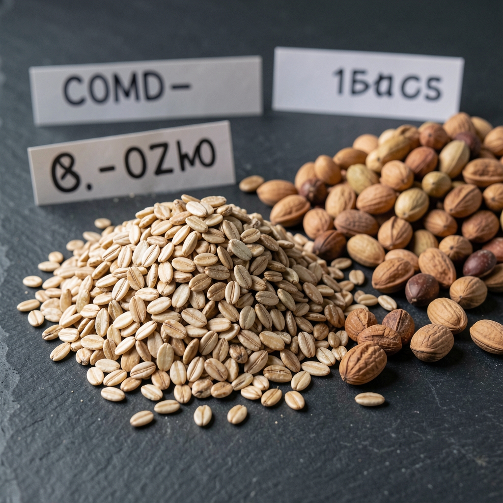 Close-up of whole grain samples and dried legumes arranged on a dark slate surface with composition labels and measurement notation in the background