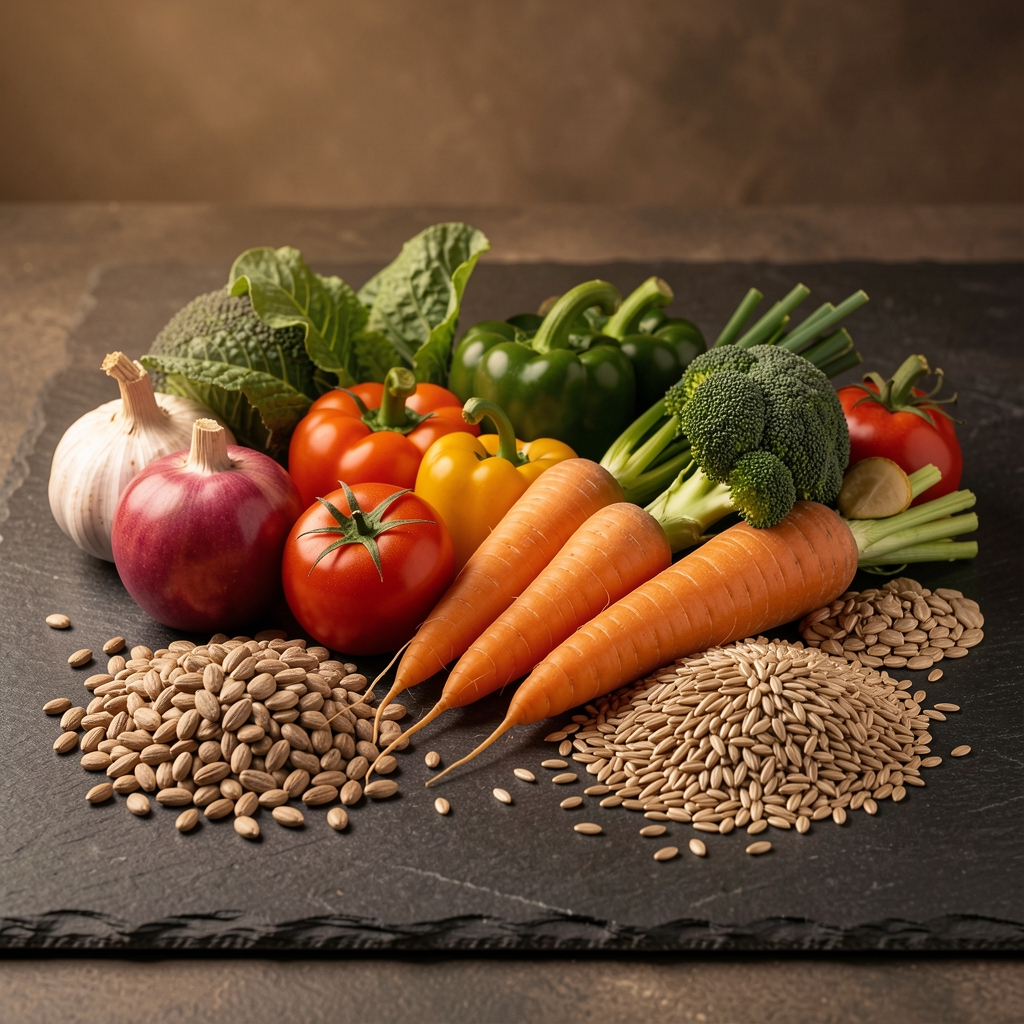 Carefully arranged seasonal vegetables and whole grains on a dark stone surface under warm studio lighting, representing nutritional composition and whole-food dietary principles