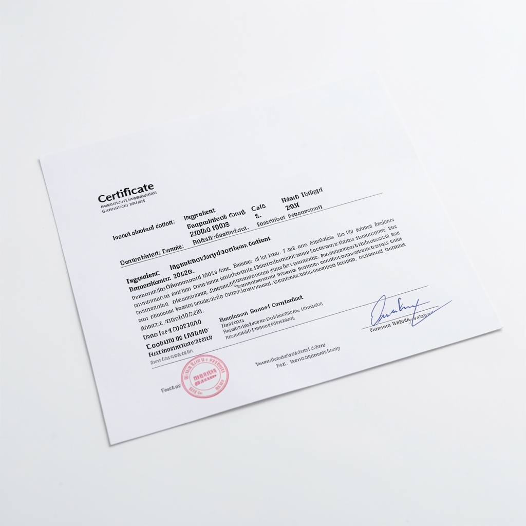 Certificate of composition document and ingredient batch code label on a clean white surface under bright studio lighting in a food quality workspace