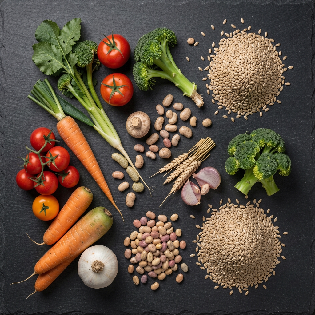 Flat lay of seasonal vegetables, legumes, and whole grains on a dark slate surface with precise compositional arrangement under studio lighting