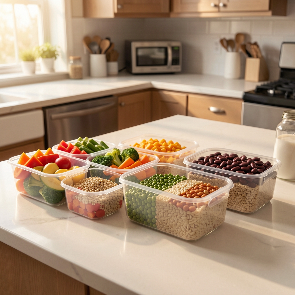 Organised weekly meal prep containers filled with colourful vegetables, grains, and legumes arranged on a clean kitchen counter under warm natural light