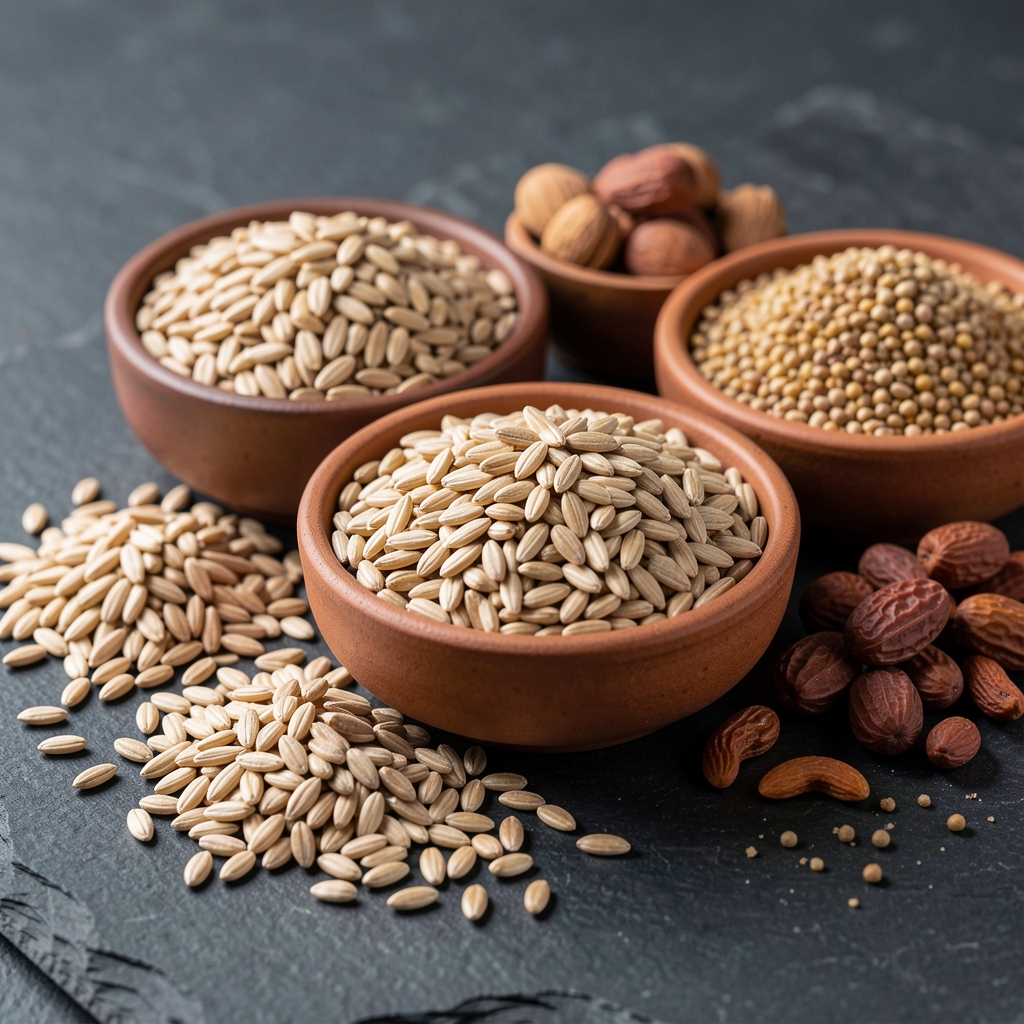 Close-up of whole grains, seeds, and dried legumes in small ceramic bowls arranged on a dark stone surface representing nutritional diversity and food composition analysis
